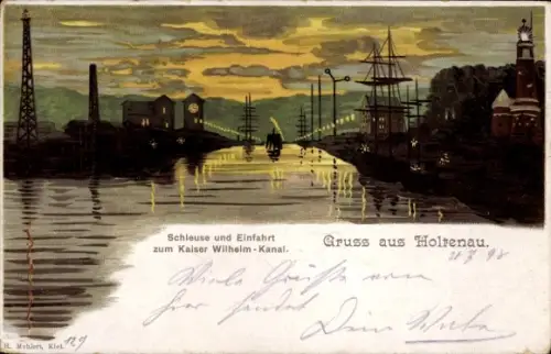 Litho Holtenau Kiel, Schleuse, Einfahrt Kaiser Wilhelm Kanal