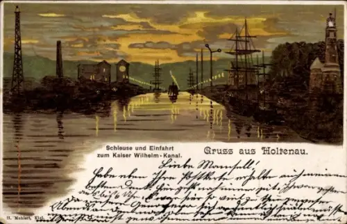 Künstler Litho Holtenau Kiel, Schleuse und Einfahrt zum Kaiser Wilhelm-Kanal