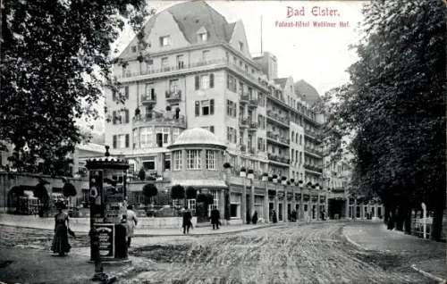 Ak Bad Elster im Vogtland, Palast-Hotel Wettiner Hof, Litfaßsäule