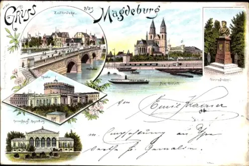 Vorläufer Litho Magdeburg an der Elbe, Dom, Friesendenkmal, Zollbrücke, Theater, Herrenkrug