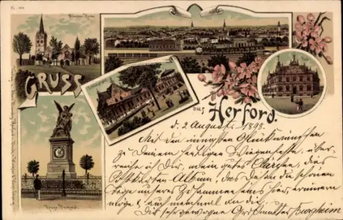 Mondschein Litho Herford in Westfalen, Schützenhof, Post, Münsterkirche, Kriegerdenkmal