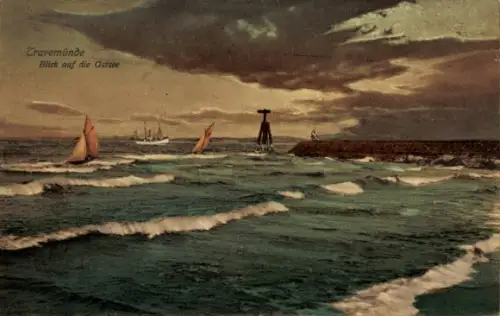 Ak Ostseebad Travemünde Lübeck,  Blick auf die Ostsee, Segelboote, Mole, Seezeichen