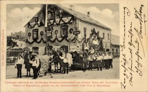 Ak Regensburg, 150-jähriges Residenz-Jubiläum Thurn und Taxis, Festwagen Maschinenfabrik Ernst Zorn