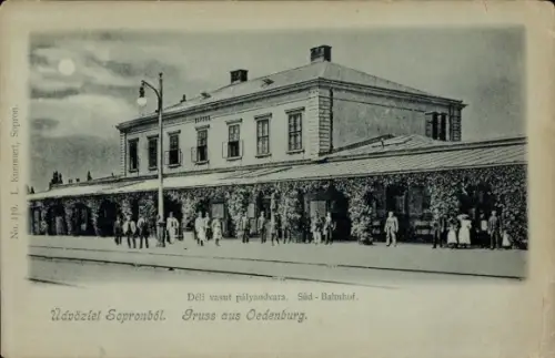 Mondschein Ak Sopron Ödenburg Ungarn, Südbahnhof, Gleisseite