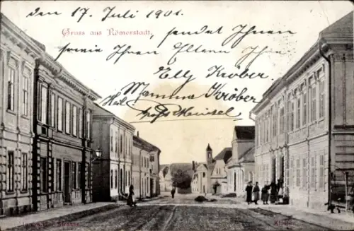 Ak Rýmařov Römerstadt Mährisch Schlesien, Straße in  Menschen, Gebäude,  aus 1901