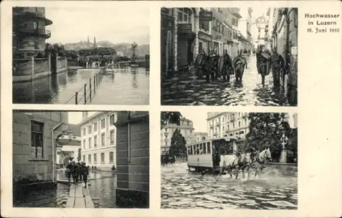 Ak Lucerne Luzern Stadt Schweiz, Hochwasser in  Fluss, überflutete Straßen, Menschen, Pferdebahn