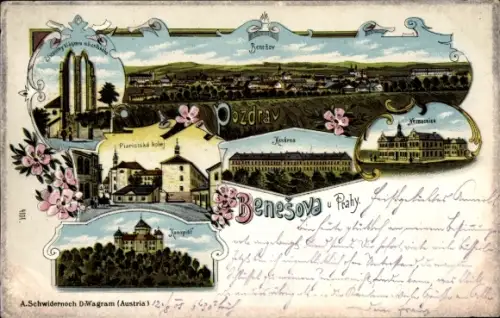 Litho Benešov Beneschau Mittelböhmen, Panorama, Teilansichten, Kaserne, Ruine