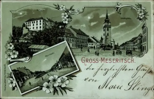 Mondschein Litho Velké Meziříčí Groß Meseritsch Region Hochland, Schloss, Stadtplatz, Oberstadt