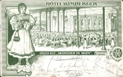 Litho Wien 1., gefüllter Biergarten im Hotel Wimberger