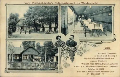 Ak Wien 2. Leopoldstadt Freudenau, Café Restaurant zur Waldandacht, Inh. Franz Plankenbüchler