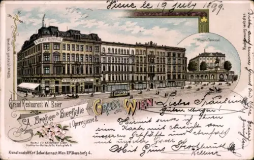Litho Wien 1 Innere Stadt, Grand Restaurant W. Baier, Bierhalle A. Dreher, Operngasse 8, Denkmal