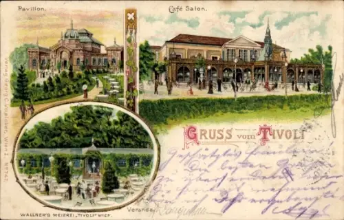 Litho Wien 12. Meidling Österreich, Wallners Meierei Tivoli, Pavillon, Cafe Salon, Veranda