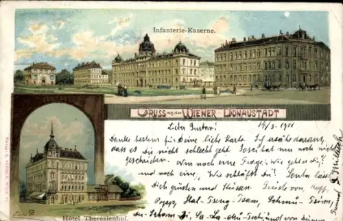 Litho Wien 22 Donaustadt, Infanterie-Kaserne, Hotel Theresienhof