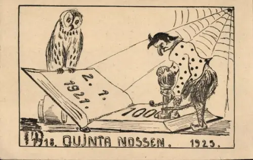 Ak Eule sitzt auf Buch, Stempel, Spinnennetz, Quinta Nossen