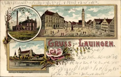 Litho Lauingen an der Donau Schwäbische Alb, Albertusplatz, Centrale, Schloss