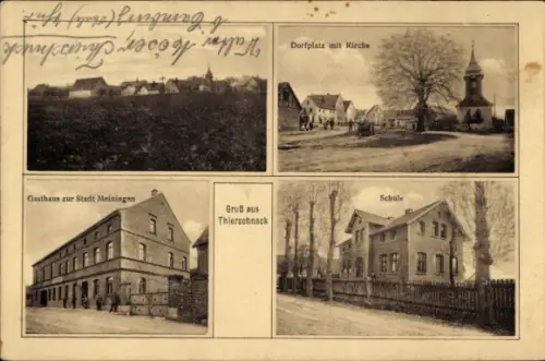 Ak Thierschneck in Thüringen, Kirchturm-Silhouette, Dorfplatz mit Kirche und Baum, Gasthaus mit P