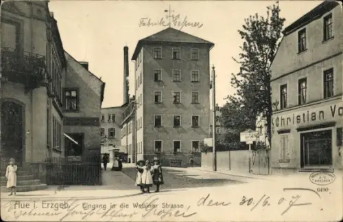 Ak Aue im Erzgebirge Sachsen,  Eingang in die Wettiner Strasse, Fabrik Besner, Christian Vo