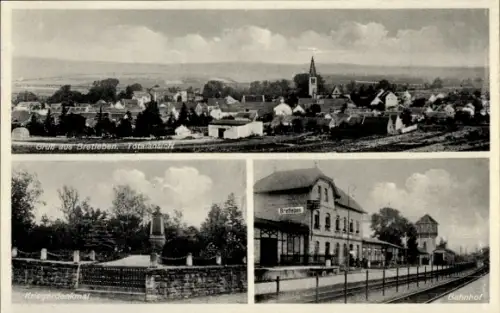 Ak Bretleben an der Unstrut Kyffhäuserkreis, Gesamtansicht, Kriegerdenkmal, Bahnhof Gleisseite