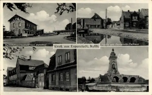 Ak Esperstedt Bad Frankenhausen, Kyffhäuser, Bahnhof, Bahnhofswirtschaft, Rathaus, Rittergut Lüttich