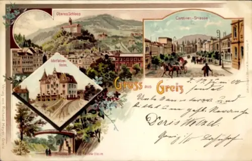 Litho Greiz im Vogtland Thüringen, Oberes Schloss, Carolinenstraße, Odd Fellow Heim