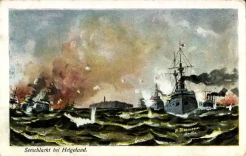 Künstler Ak Nordseeinsel Helgoland, Seeschlacht, Kriegsschiffe