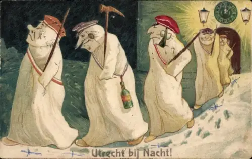 Präge Ak Utrecht Niederlande, Utrecht bei Nacht, Nachtwädchter, Schneemänner