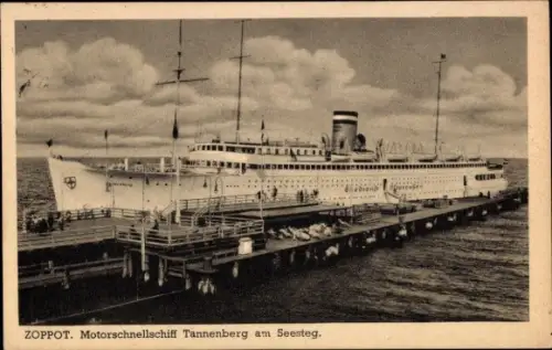 Ak Sopot Gdańsk Zoppot Danzig, Motorschnellschiff Tannenberg am Seesteg, Seedienst Ostpreußen