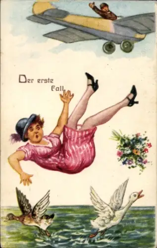 Ak Humor, Der erste Fall, Flugzeug, Frau fällt ins Wasser