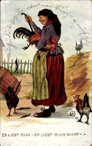 Künstler Ak Er liebt mich, er liebt mich nicht, Bäuerin beim Federrupfen eines Hahnes