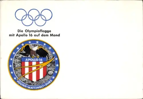 Wappen Ak Die Olympiaflagge mit Apollo 16 auf dem Mond, Young Mattingly Duke