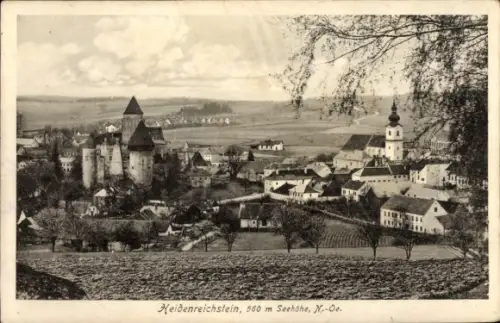 Ak Heidenreichstein Niederösterreich, Burg mit runden Türmen, Kirche mit Zwiebelturm, Dorfhäuser,