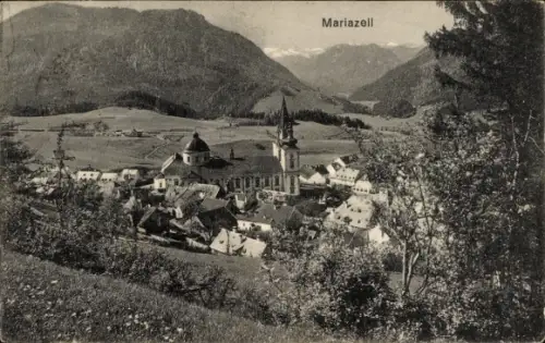 Ak Mariazell Steiermark, Vogelperspektive auf Ort mit Doppelspitzkirche und Kuppel, Häuser, Wiese