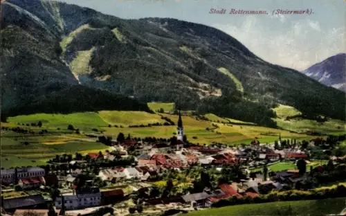 Ak Rottenmann Steiermark, Dorf mit markanter Kirche, Felder und Gehöfte, verstreute Häuser, Tal m
