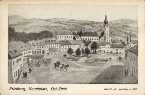 Ak Friedberg an der Wechselbahn Steiermark, Marktplatz mit Brunnen, Kirche mit Zwiebelturm, Häuse