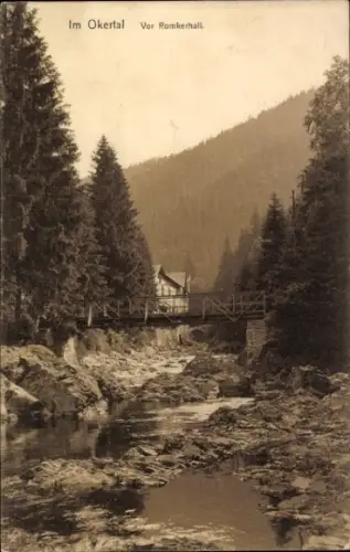 Ak Oker Goslar am Harz, Okertal, Brücke, Hotel Romkerhalle