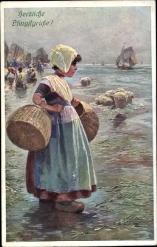 Künstler Ak Mädchen in niederländischen Trachten, Strand, Körbe