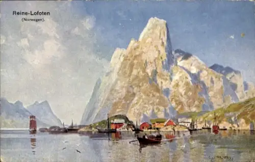 Künstler Ak Reine Lofoten Norwegen, Gesamtansicht, Boote