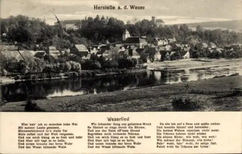 Lied Ak Herstelle Beverungen in Nordrhein Westfalen, Panorama vom Ort, Weserlied