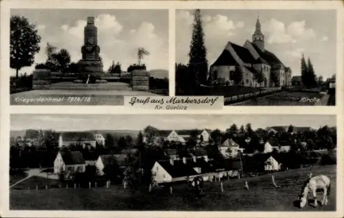 Ak Markersdorf in der Oberlausitz Sachsen, Kriegerdenkmal 1914/18, Kirche,  Dorfpanorama