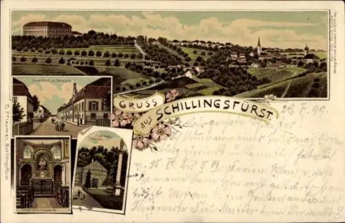 Litho Schillingsfürst in Mittelfranken, Gesamtansicht, Institut, Straße, Kapelle