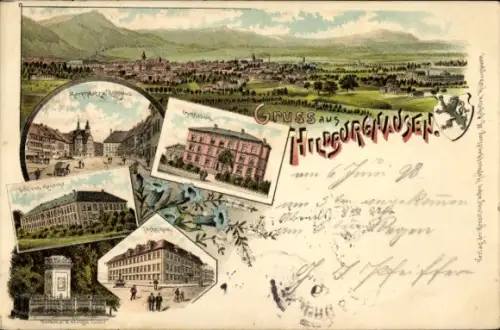 Litho Hildburghausen in Thüringen, Marktplatz, Rathaus, Gymnasium, Technikum, Schloss-Kaserne