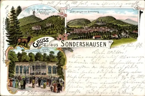 Litho Sondershausen Thüringen, Bismarckturm, Blick vom Zimmerberg, Konzert der Fürstl. Hofkapelle