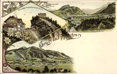 Litho Pfronten im Allgäu, Panorama, Burg-Hotel Falkenstein mit der Ruine