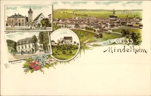 Litho Mindelheim im Unterallgäu, Panorama, Burg, Mayenbad