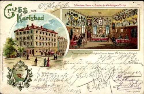 Litho Karlovy Vary Karlsbad Stadt, Hotel Lyon, Vereinszimmer des Wohlthätigkeitsvereins, Wappen