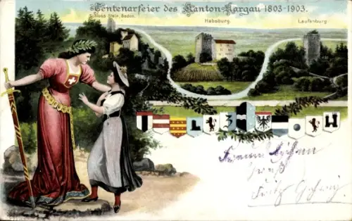 Litho Kanton Aargau, Centenarfeier, Schloss Stein, Habsburg, Laufenburg