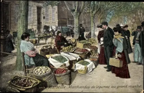 CPA Marseille Bouches-du-Rhône, Marchandes de légumes au grand marché