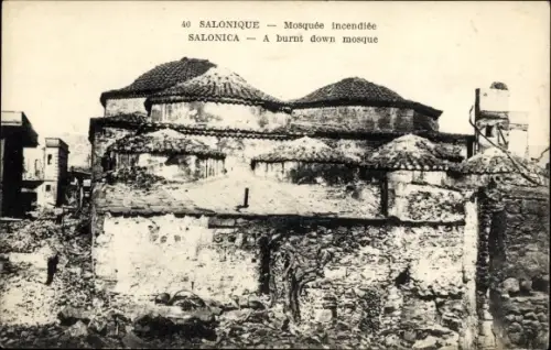 Ak Thessaloniki Saloniki Griechenland, Mosquée incendiée