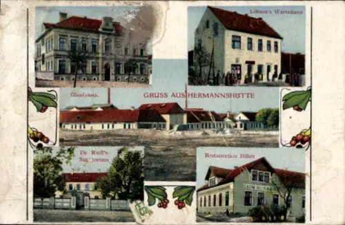 Ak Heřmanova Huť Hermannshütte Region Pilsen, Glasfabrik, Restauration Böhm, Löbners Warenhaus