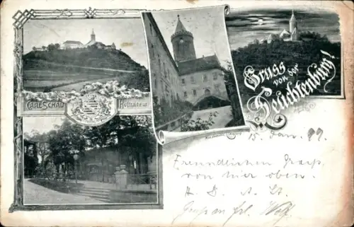 Ak Seitenroda Thüringen, Blick zur Reichenburg und den Ort, Wappen